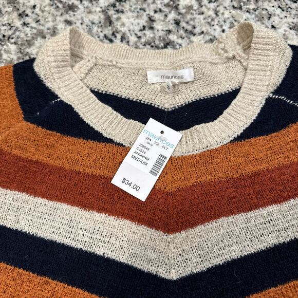 NEW Maurices Striped Sweater Fall Colors Cream Orange Lightweight Womens Medium - Picture 2 of 6